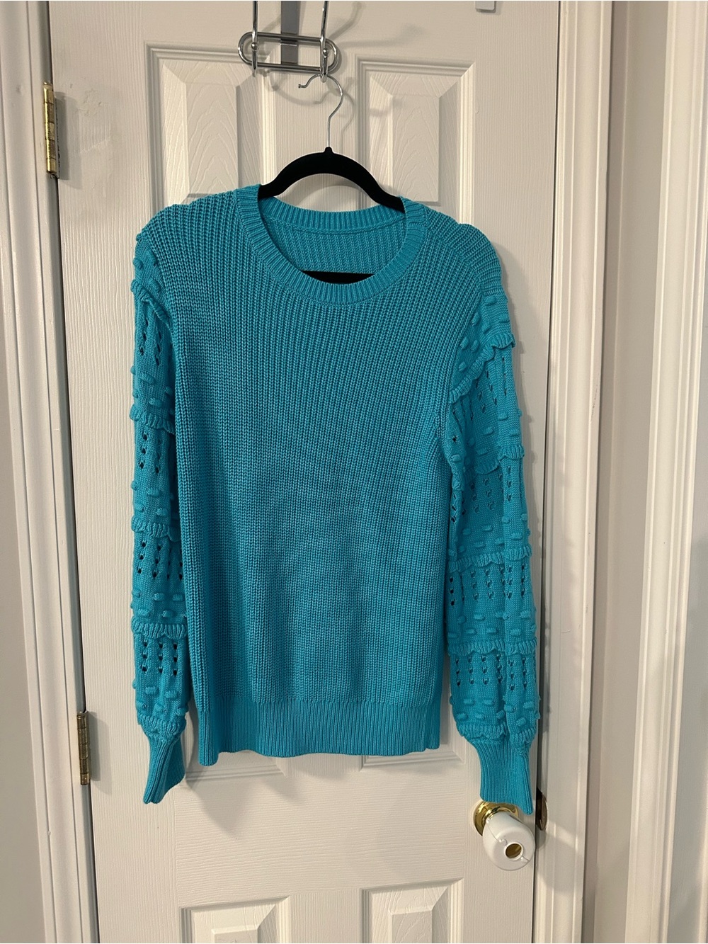 Women's Teal Knit Crewneck Sweater with Textured Sleeves